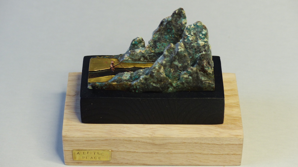 A little peace Mountain and fisherman brass sculpture ring