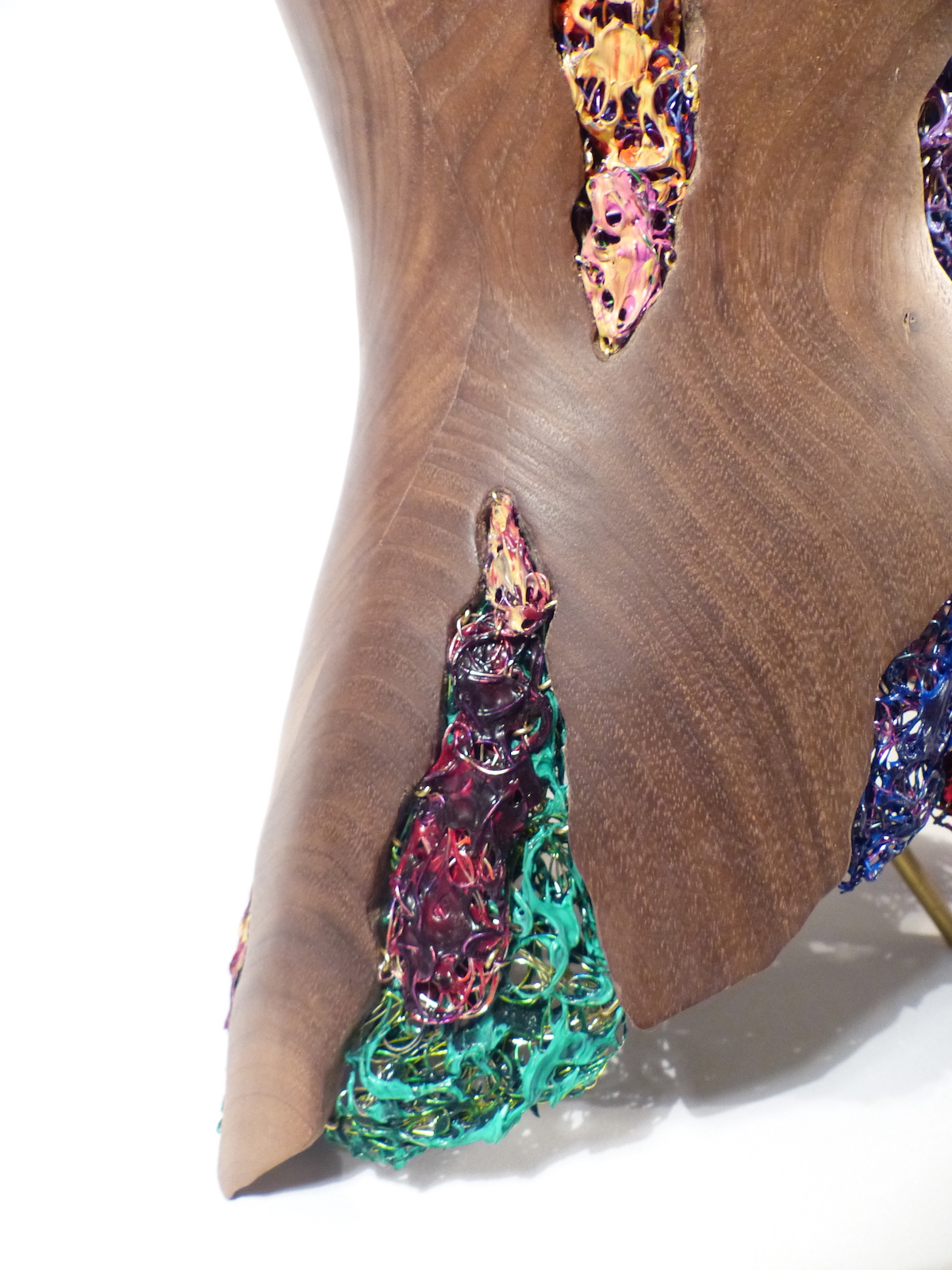 Walnut and paint dragged enamelled wire torso crack closeup