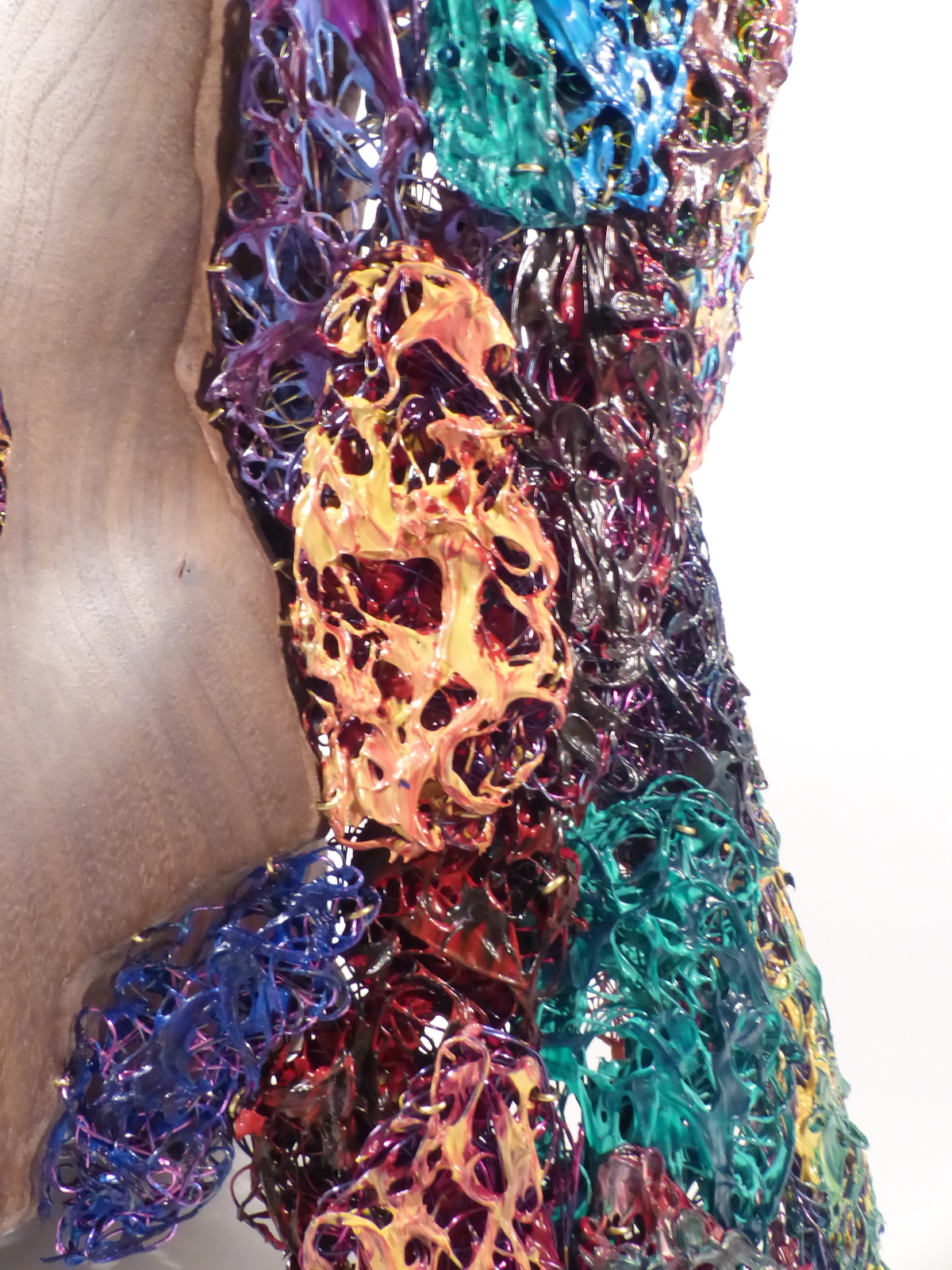 Walnut and paint dragged enamelled wire torso front wire closeup