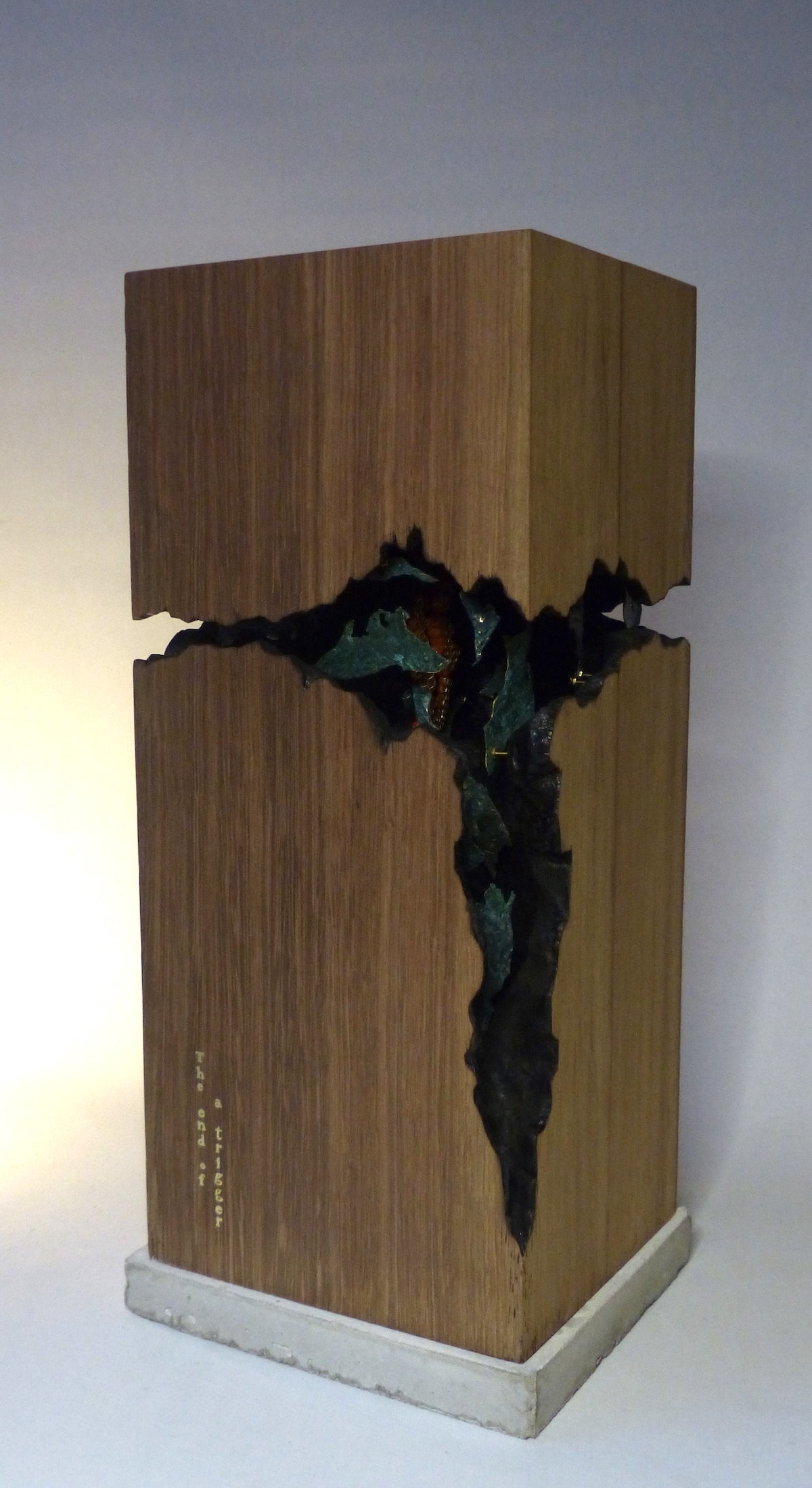 The End of a Trigger Teak hardwood Sculpture with sculpy honeycomb and patinated brass centre