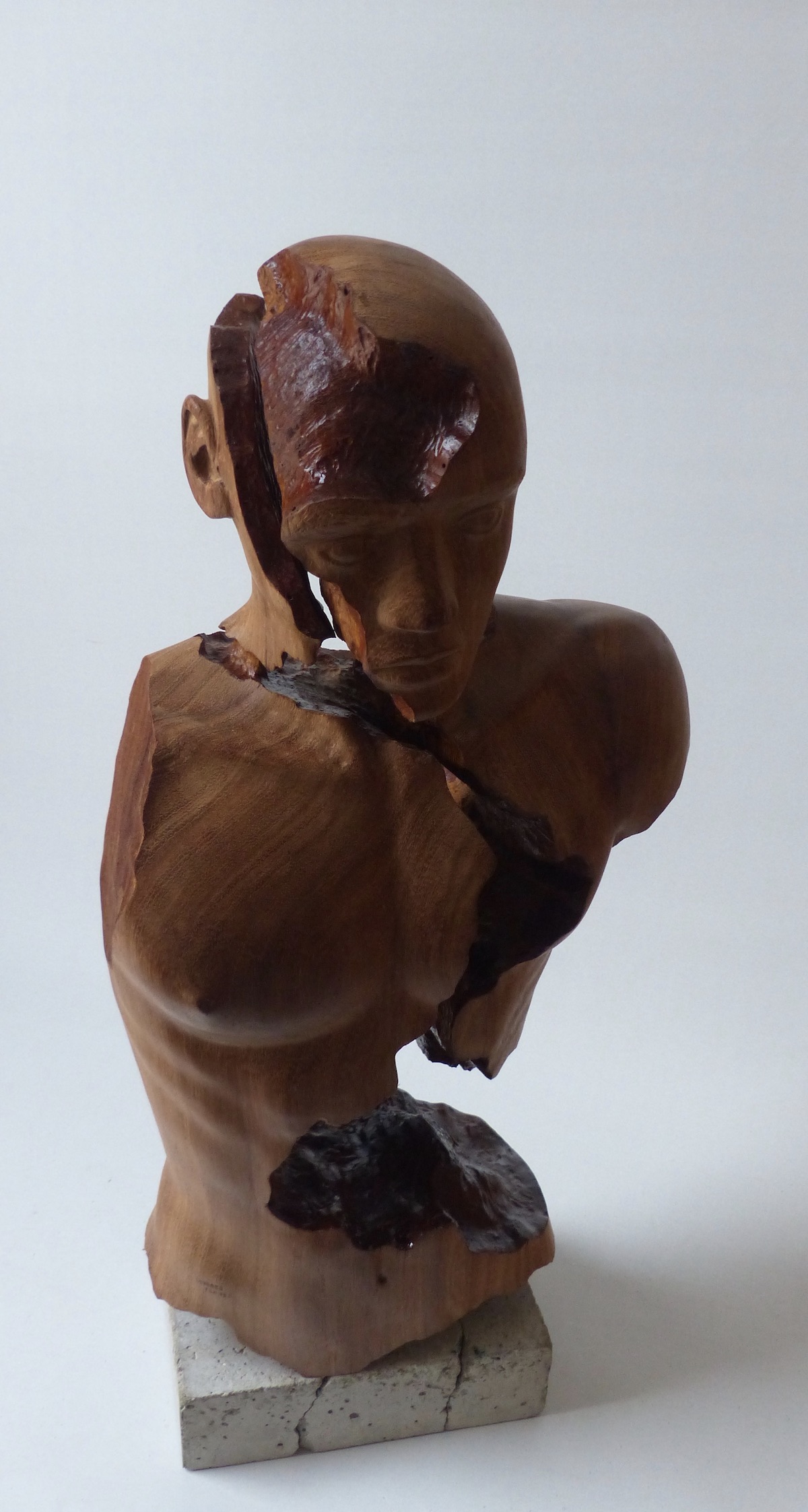 Severed Echoes Teak hardwood Sculpture of a male with colourful crocheted wire