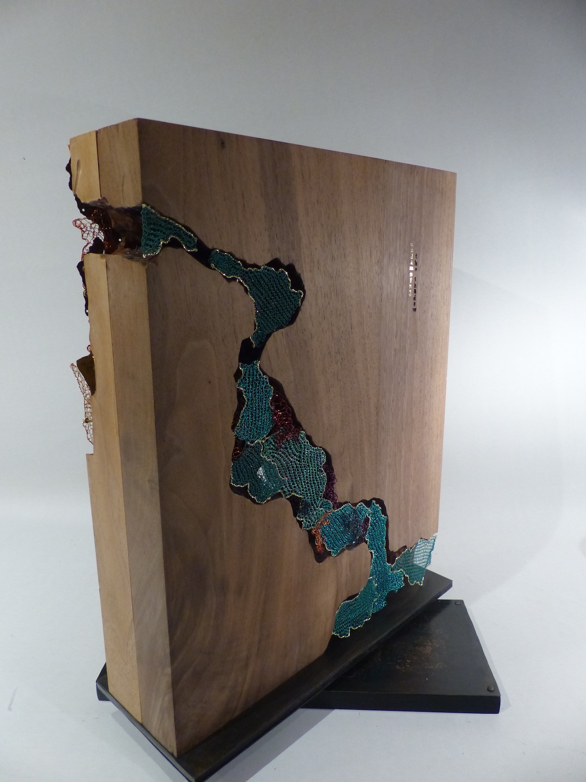 Undamning the shadow Walnut hardwood Sculpture with colourful wire crochet and etched brass sheet
