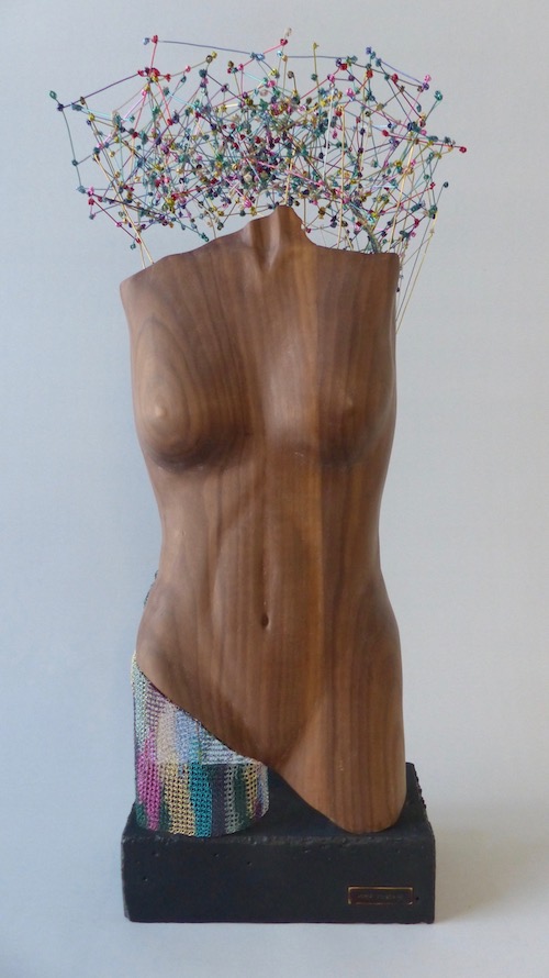 The Quiet Symphony Walnut carved female bust with coloured wire crochet